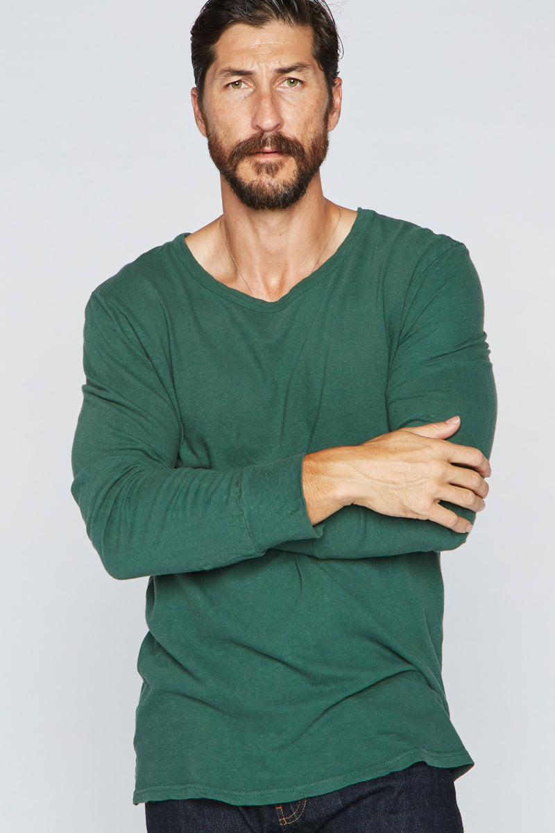 Men's Linen Blend Wide Cuff Long Sleeve Tee — True Green