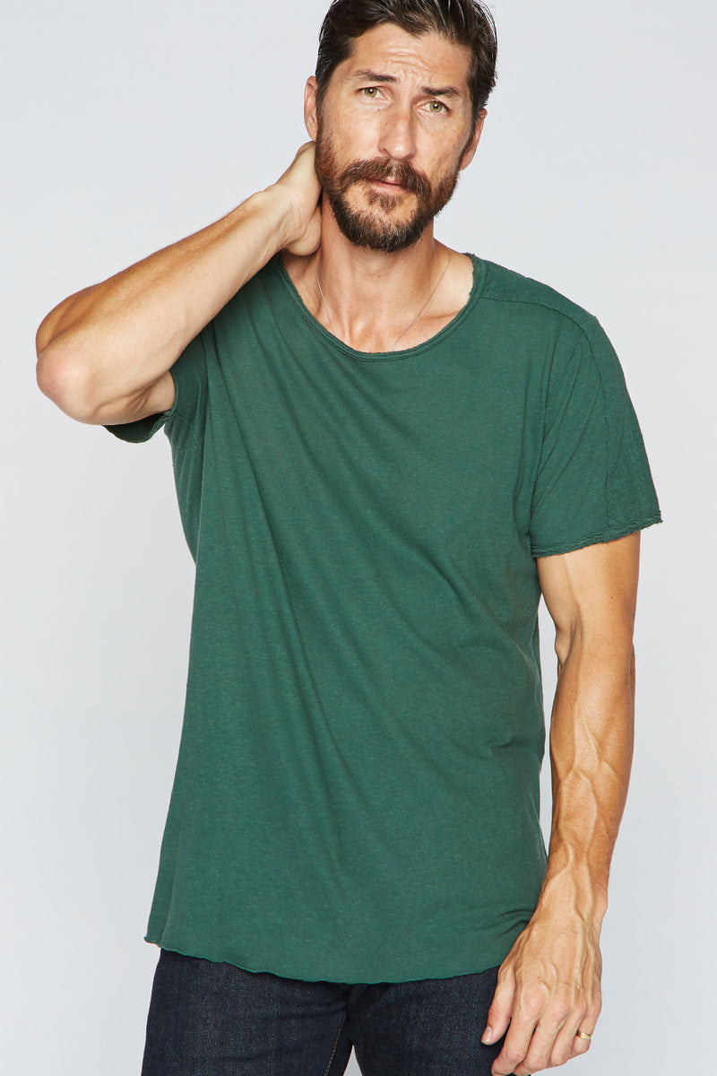 Men's Cotton Linen Patch Sleeve Tee — True Green