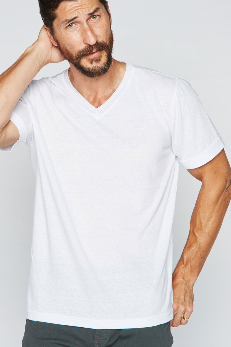Men's Tri-Blend Stitch Sleeve V-Neck Tee — White