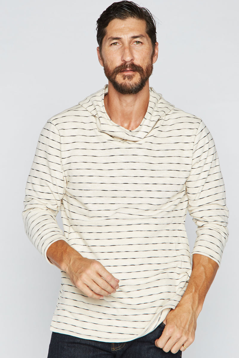 Men's Cambridge 3/4 Sleeve Cowl Neck Visor Hoodie Sweater - Hacci Slub Black/Ivory Stripe — Default