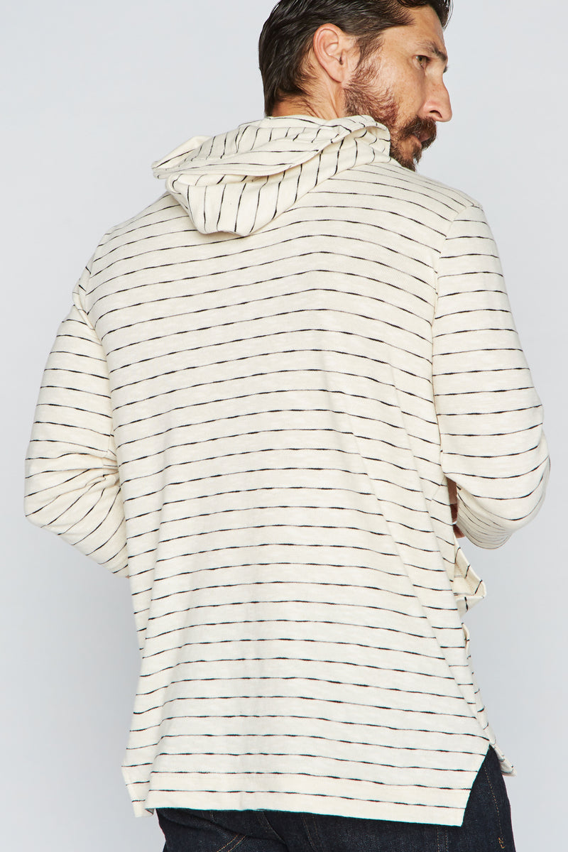 Men's Cambridge 3/4 Sleeve Cowl Neck Visor Hoodie Sweater - Hacci Slub Black/Ivory Stripe