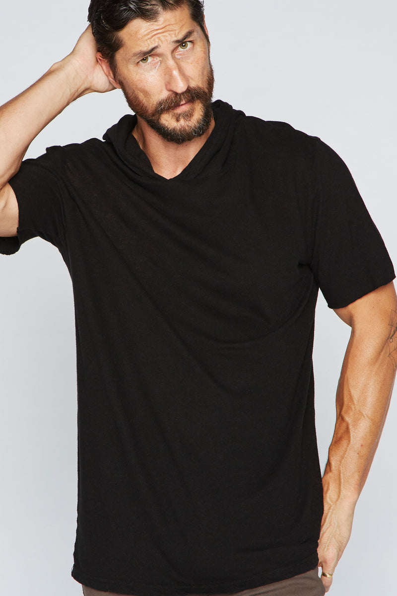 Men's Linen Blend Short Sleeve Hoodie — Black