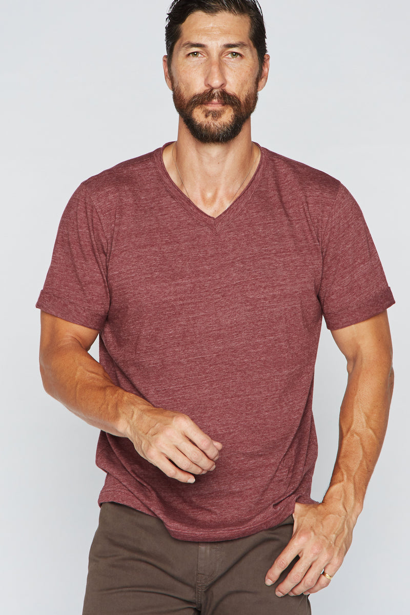 Men's Tri-Blend Stitch Sleeve V-Neck Tee — Maroon