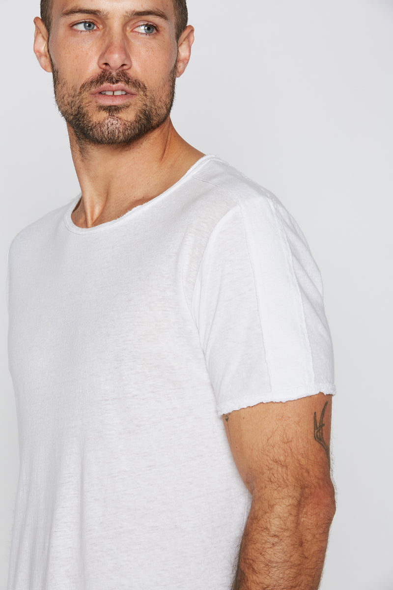 Men's Cotton Linen Patch Sleeve Tee — White