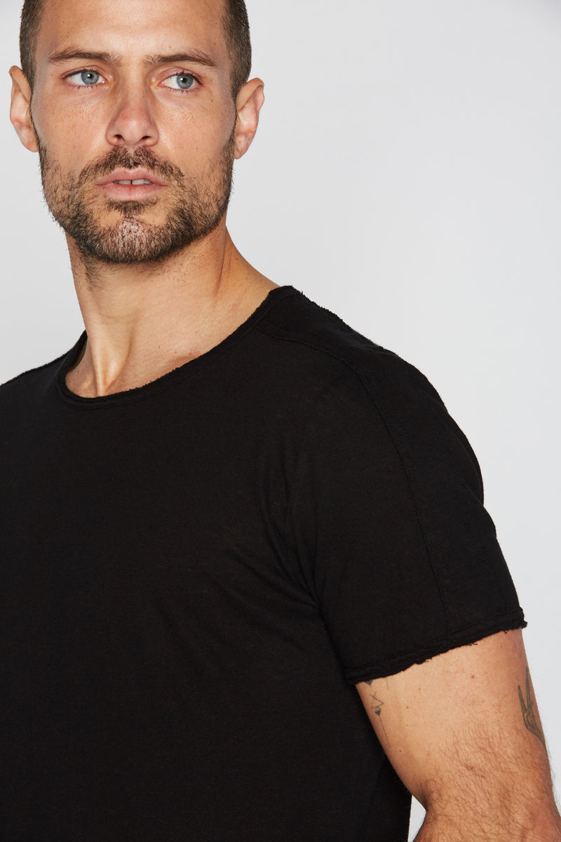 Men's Cotton Linen Patch Sleeve Tee — Black