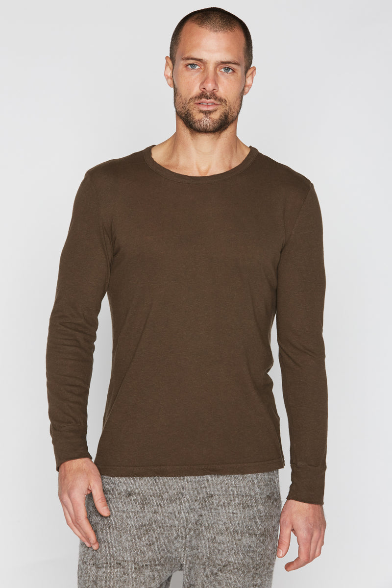 Men's Linen Blend Wide Cuff Long Sleeve Tee — Brown