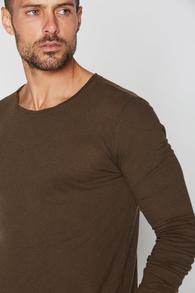 Men's Linen Blend Crew Neck Long Sleeve — Brown
